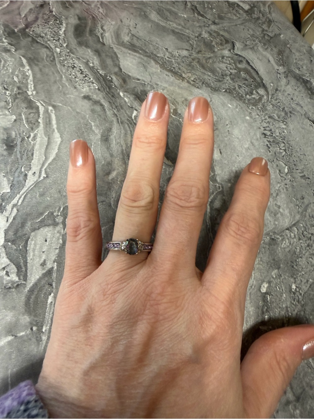 Sterling Silver Black Stone Ring with Purple Accents